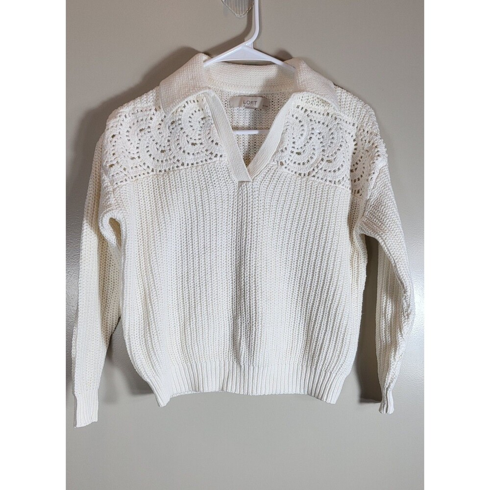 LOFT Petite XS Cream Crochet Collared Sweater Coastal Boho Open Knit Preppy